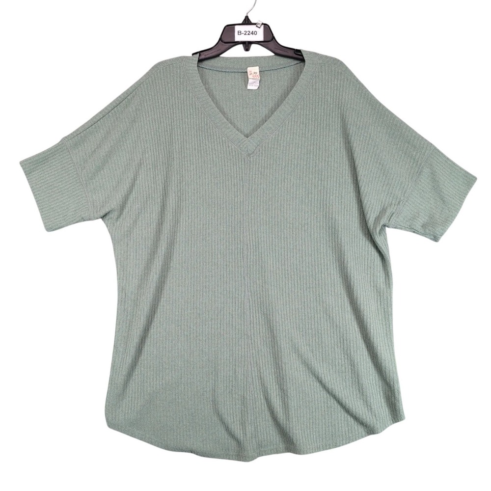 7th Ray Sage Green Ribbed Knit Tunic Blouse Womens Plus Size 3XL V-Neck Stretch